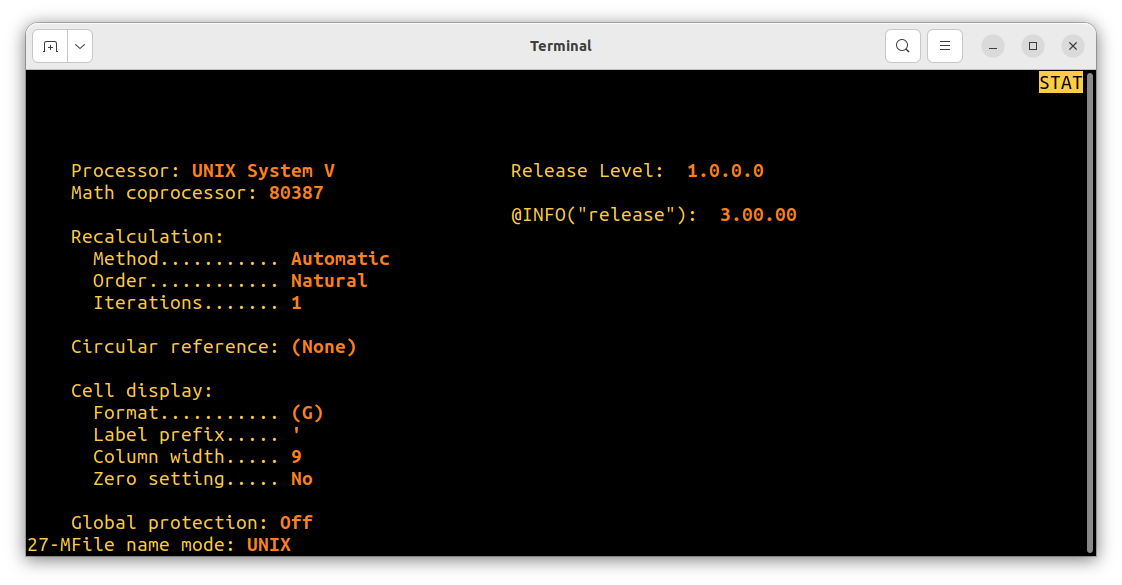 Lotus 1-2-3 for Unix, status screen running on Ubuntu 22.04 LTS