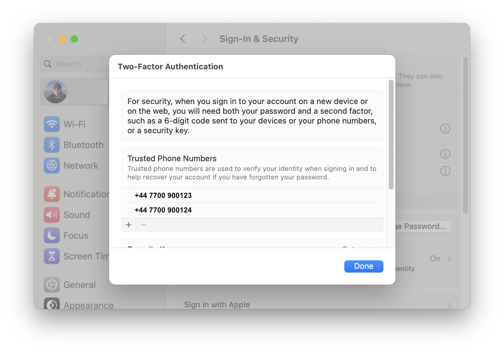 Apple ID 2FA Trusted Phone numbers in macOS Sonoma