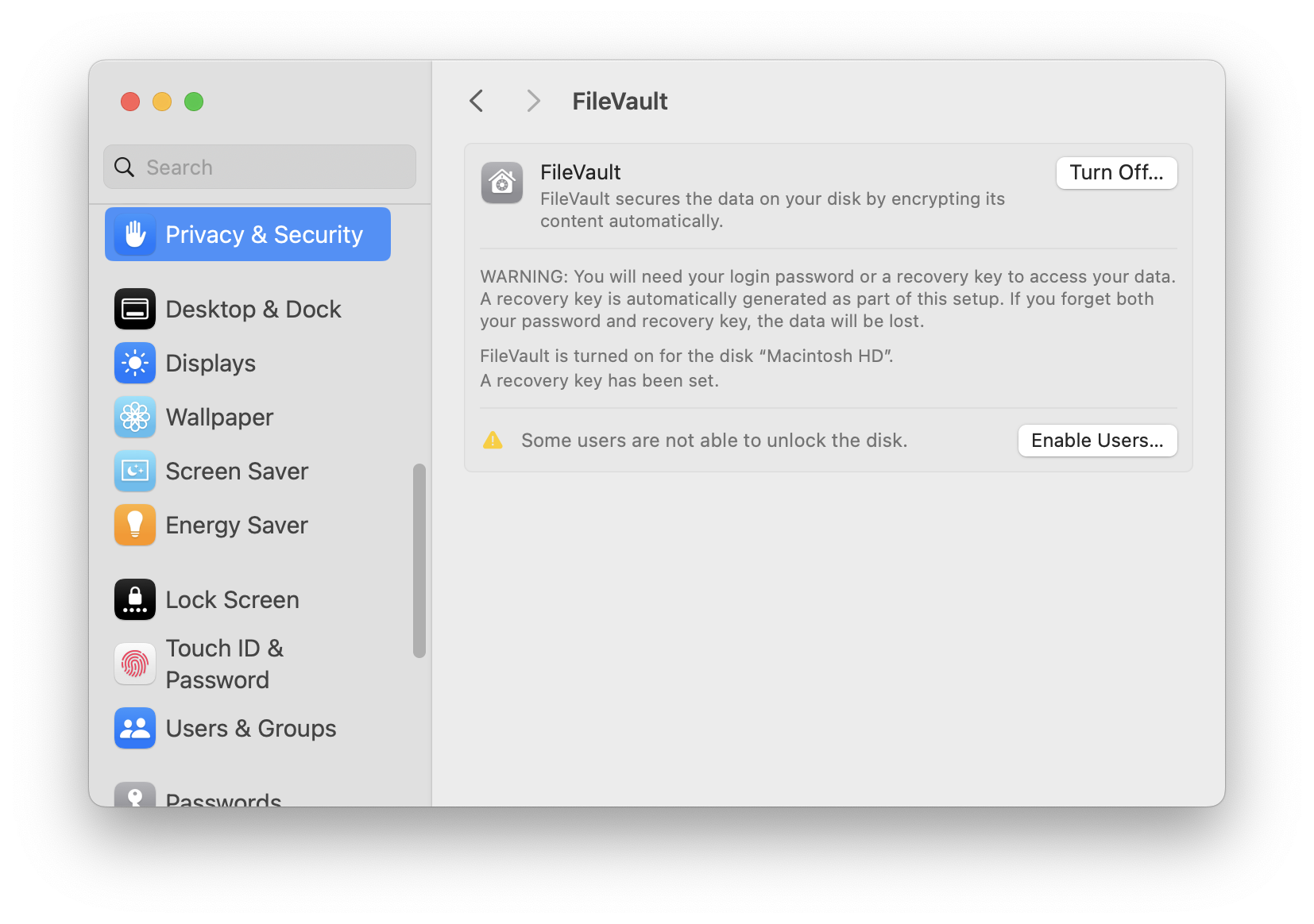 macOS system settings, Privacy & Security, FileVault