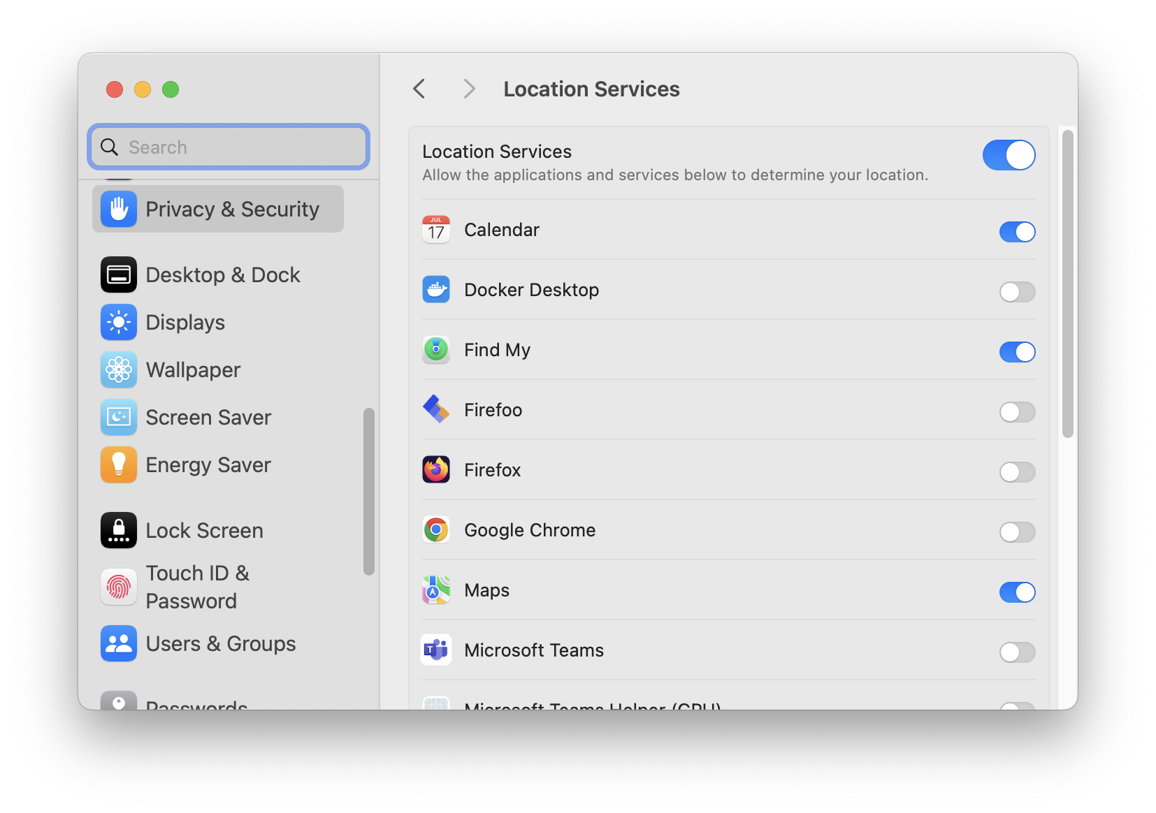 macOS system settings, location services