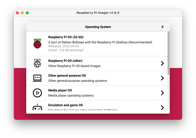 Screenshot of rpi-imager showing the main menu default choice of Raspberry Pi OS