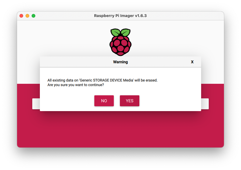 Screenshot of Raspberry Pi Imager warning that you will overwrite the data on the microSD card