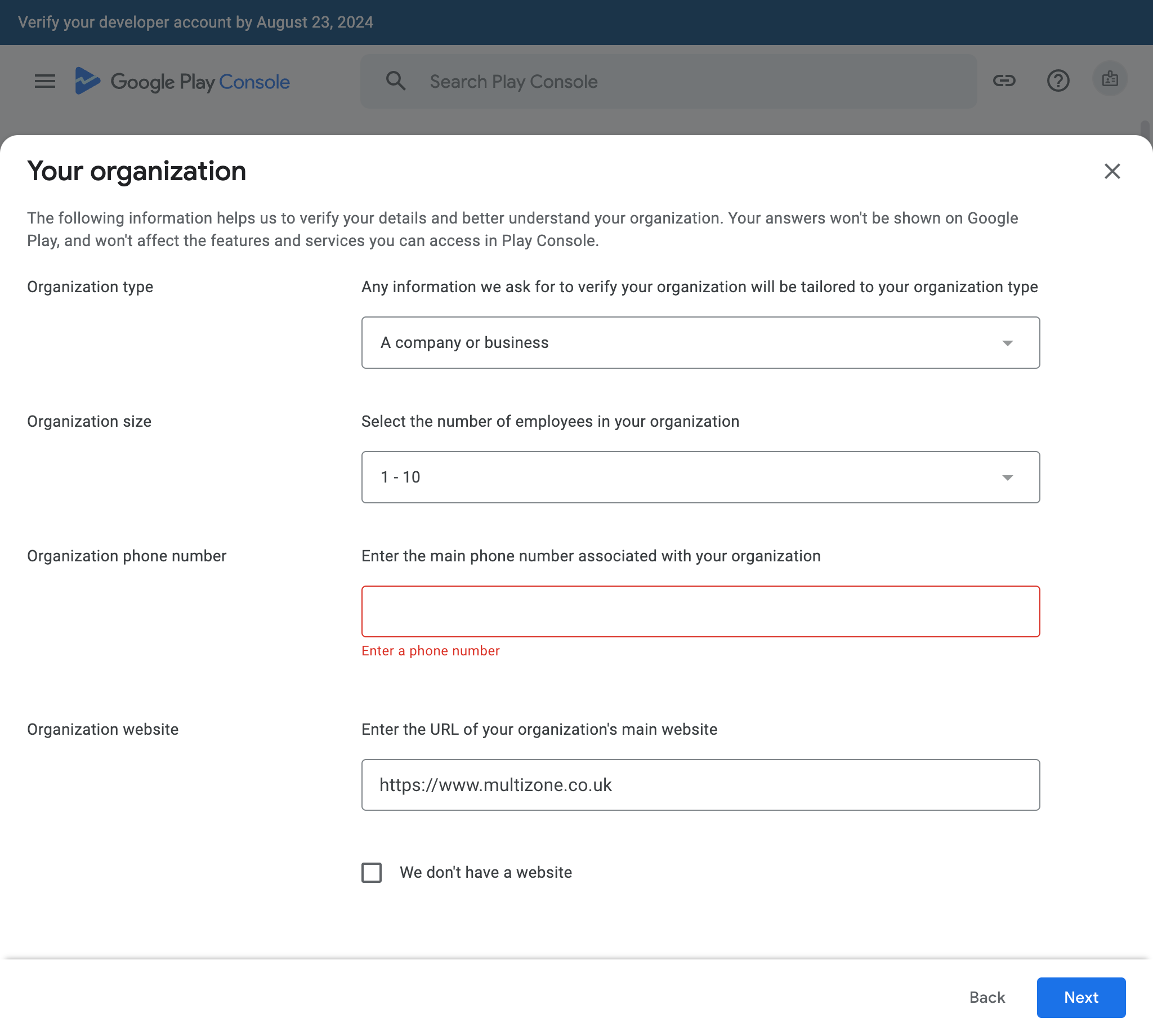 Google Play Console - App List - Information about your organization