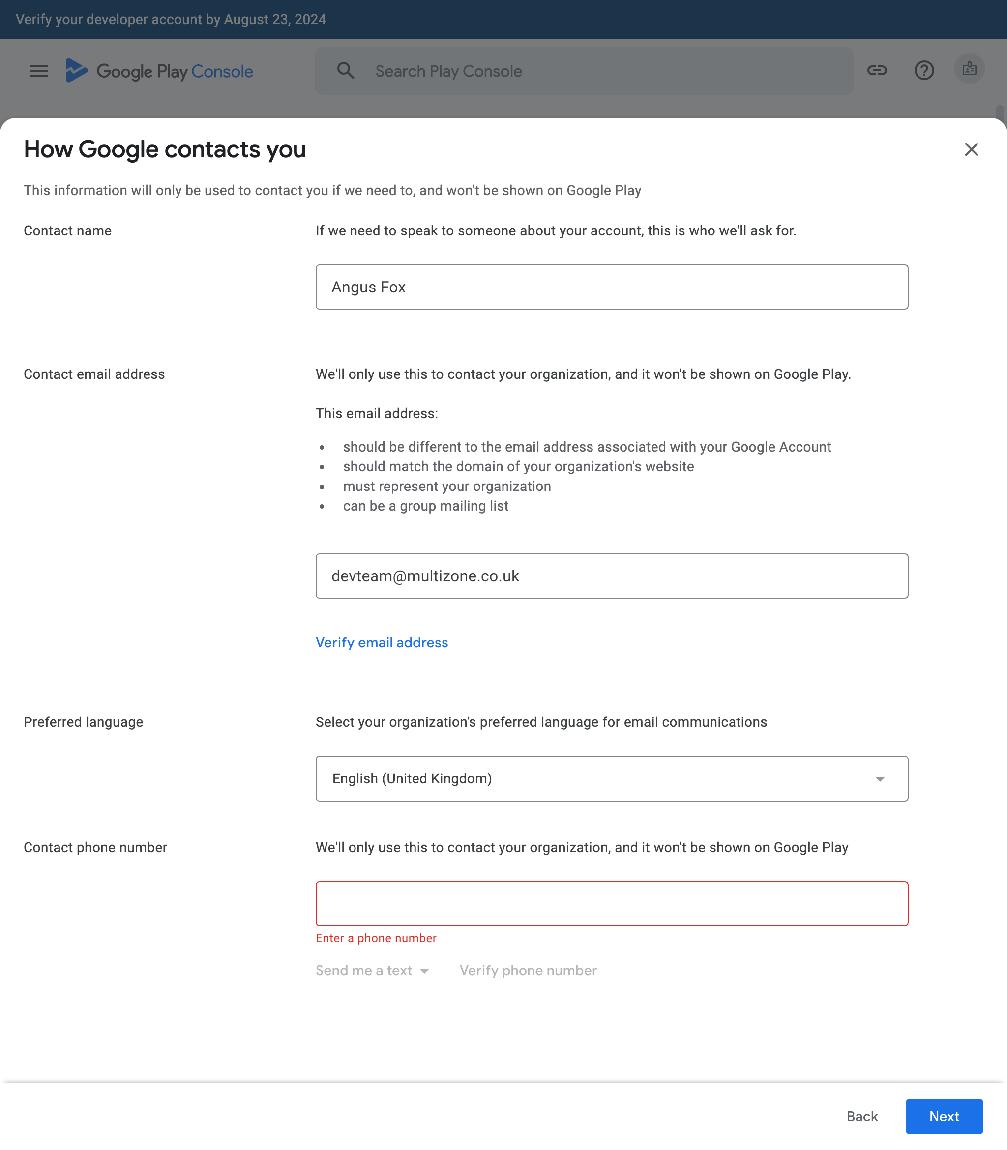 Google Play Console - App List -How Google contacts you