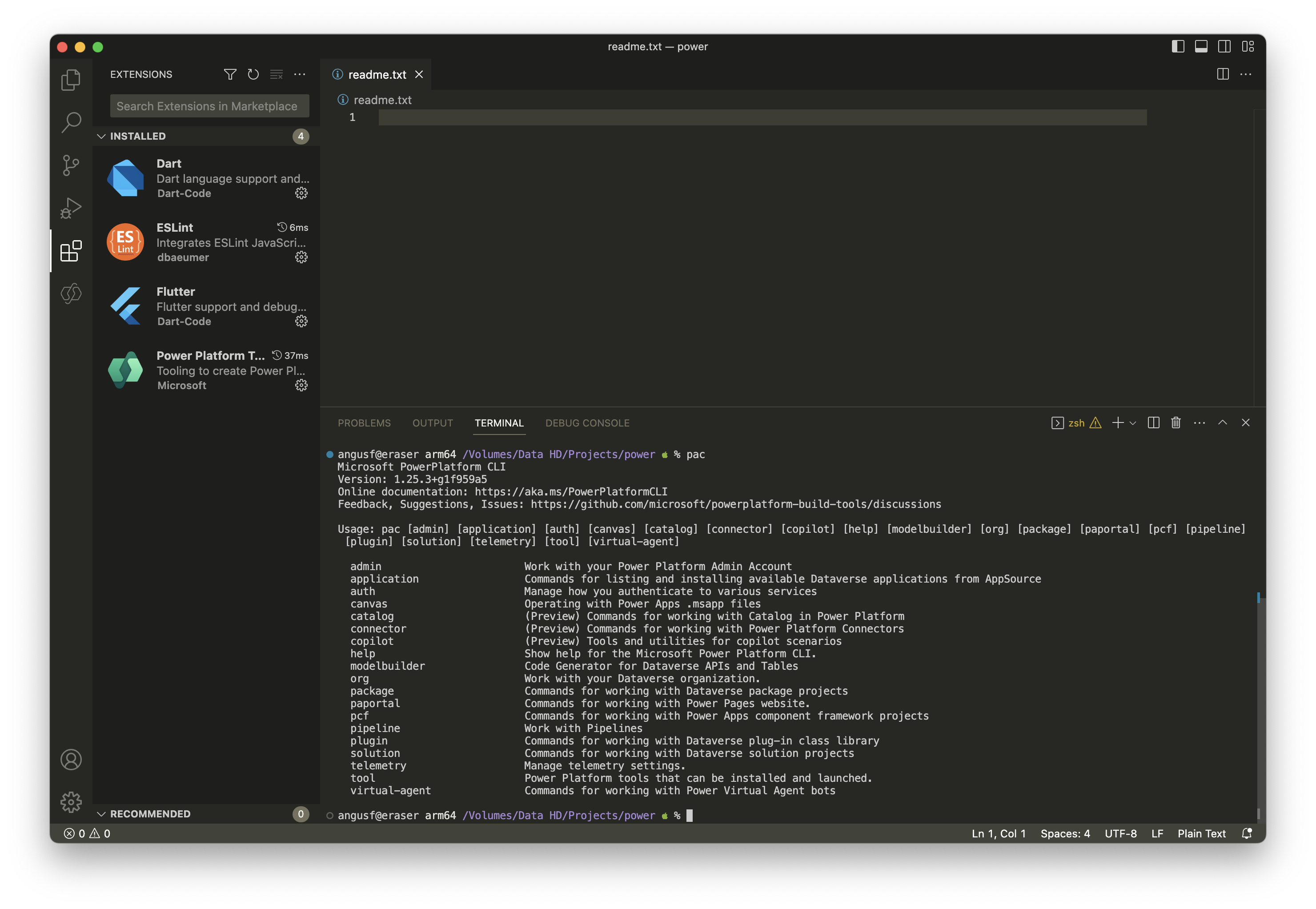 Now you can run the PAC CLI commands in the terminal inside VSCodium / VS Code