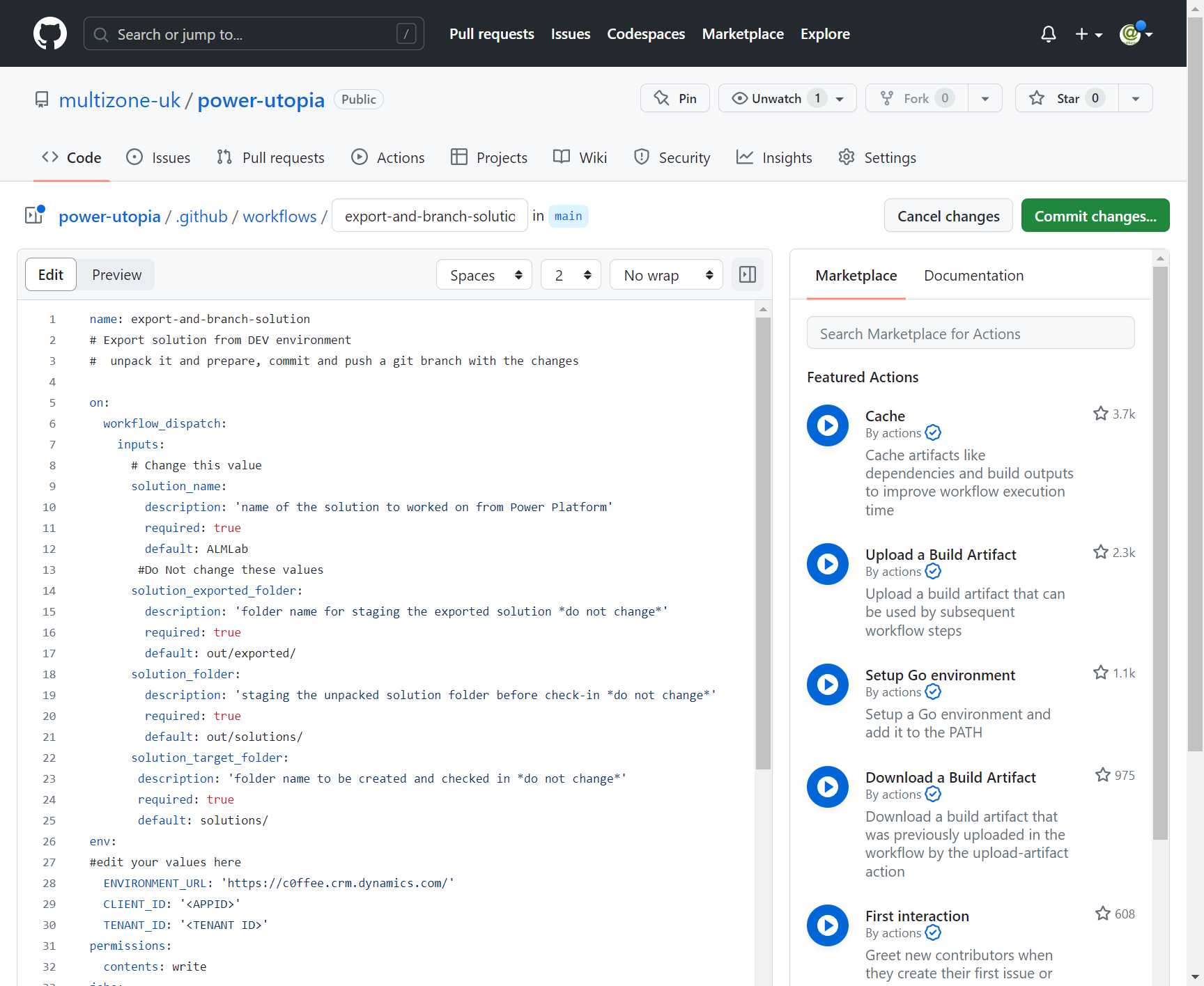 Create a GitHub Action using the workflow from the Power Platform actions lab
