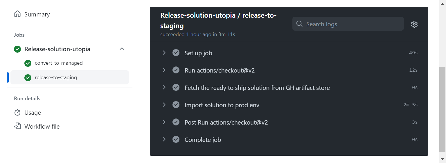Successful release workflow, taking a Power Platform app release from GitHub, building it and deploying it via GitHub Actions