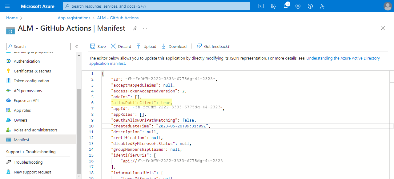 Azure AD App registration, manifest 
