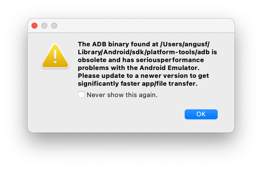 Screenshot of dialog warning that the ADB binary is obsolete and has serious perfromance problems with the Android Emulator.