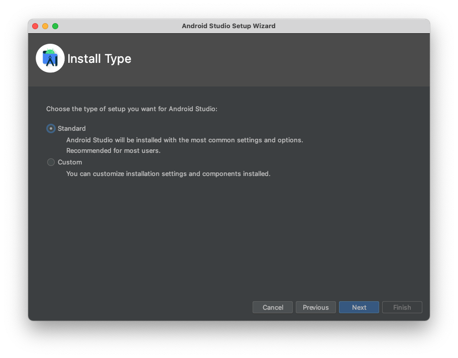 Screenshot of Android Studio First Run Install Type 'Standard' selected