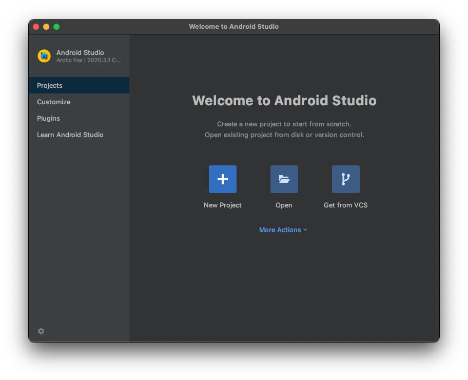 Screenshot of Android Studio 'Welcome to Android Studio' screen