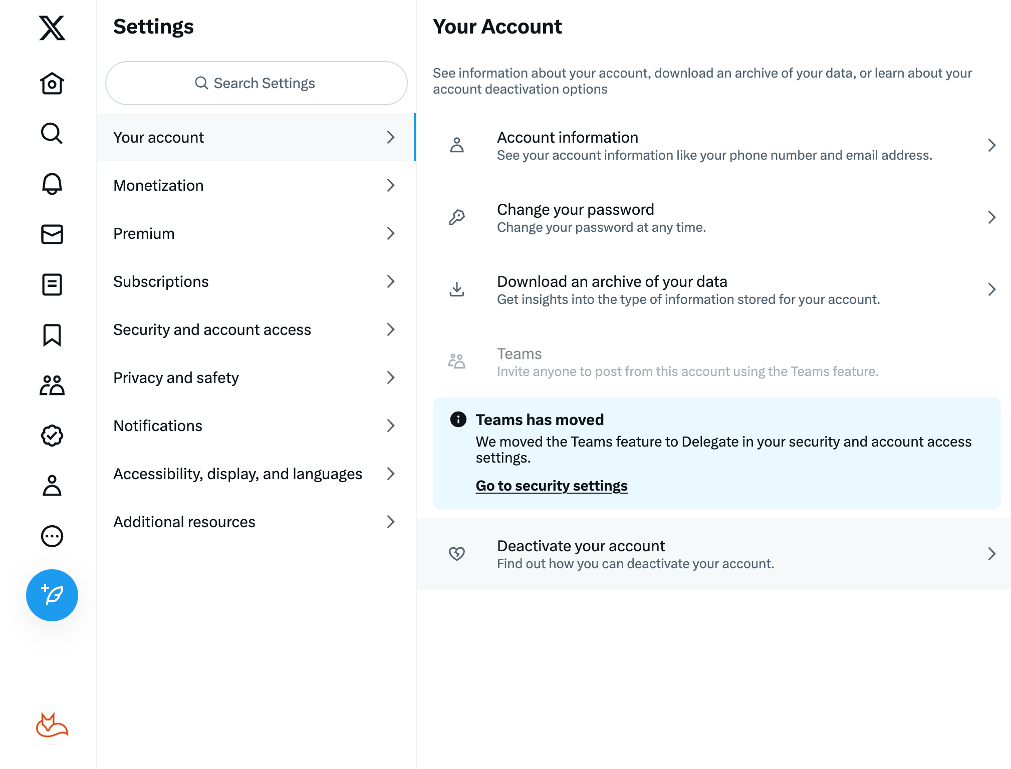 X /  Twitter Settings > Your Account > Deactivate your account