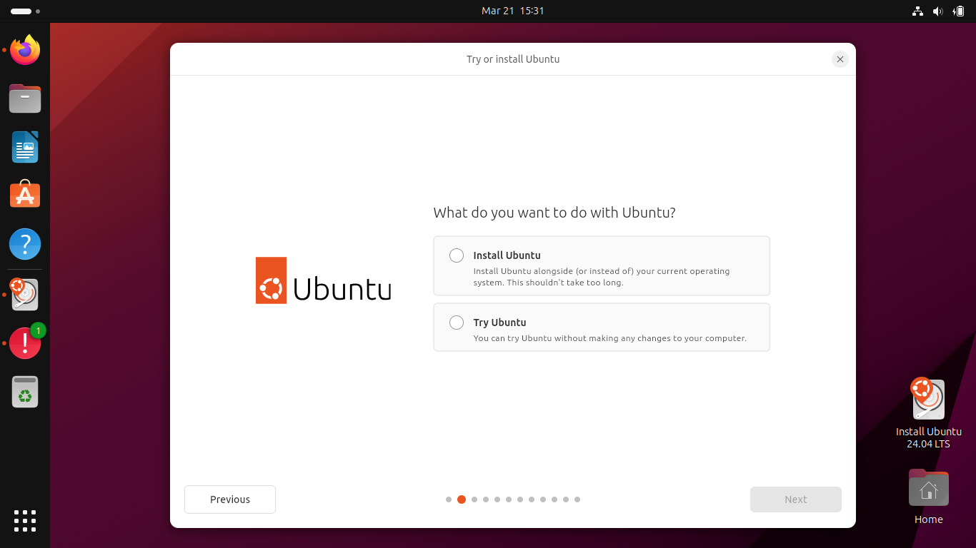 Screenshot - What do you want to do with Ubuntu - Try or Install?