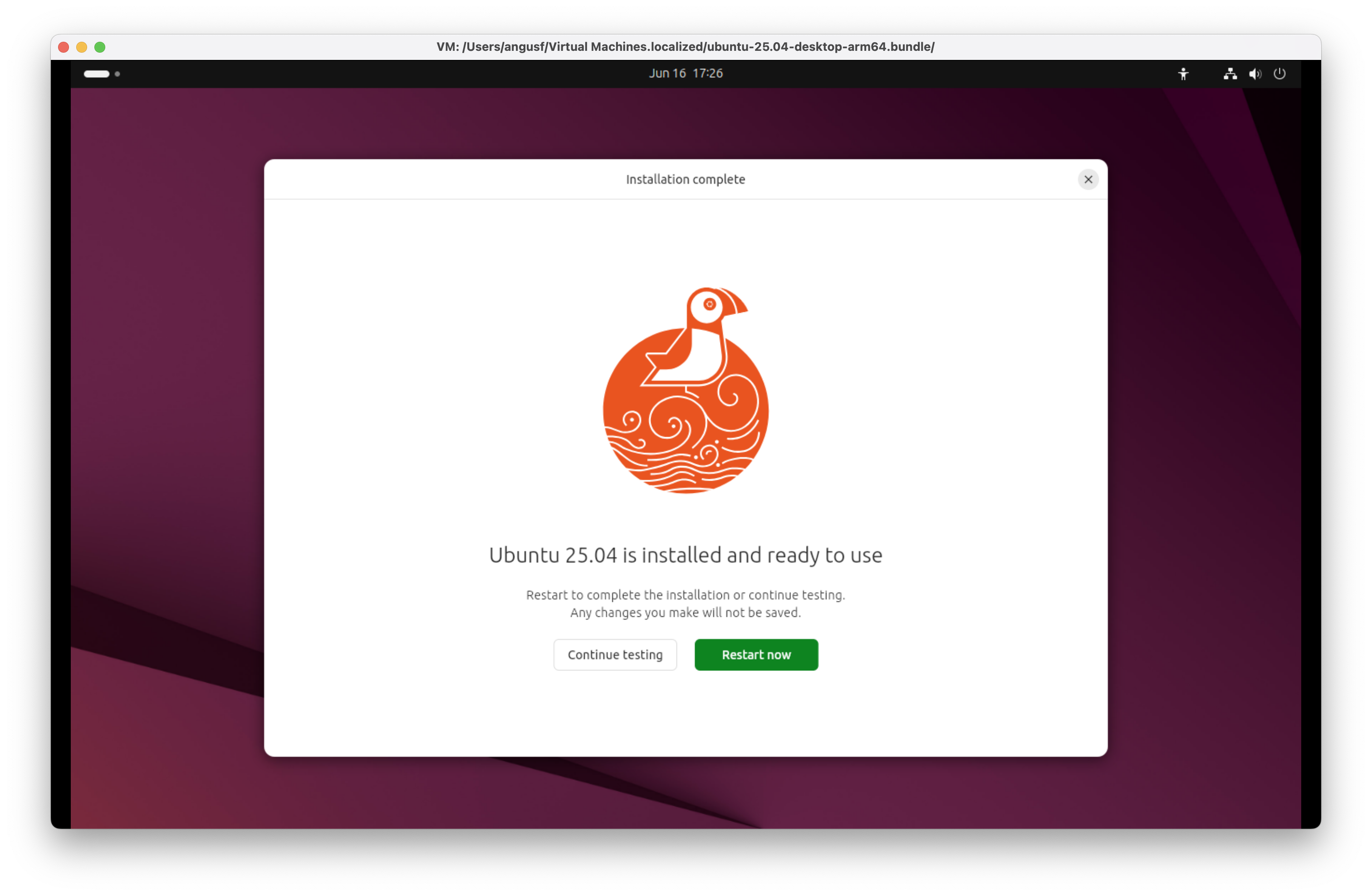 Ubuntu 25.04 for Arm Plucky Puffin - Installation complete