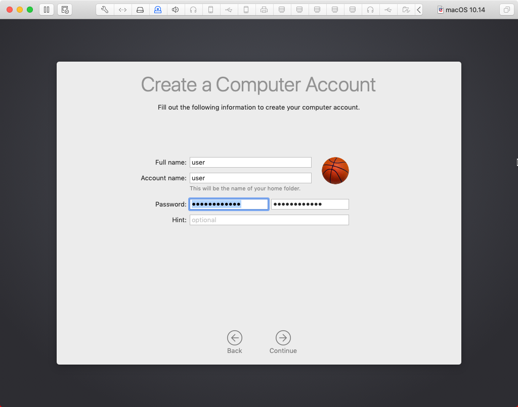 macOS account setup screen