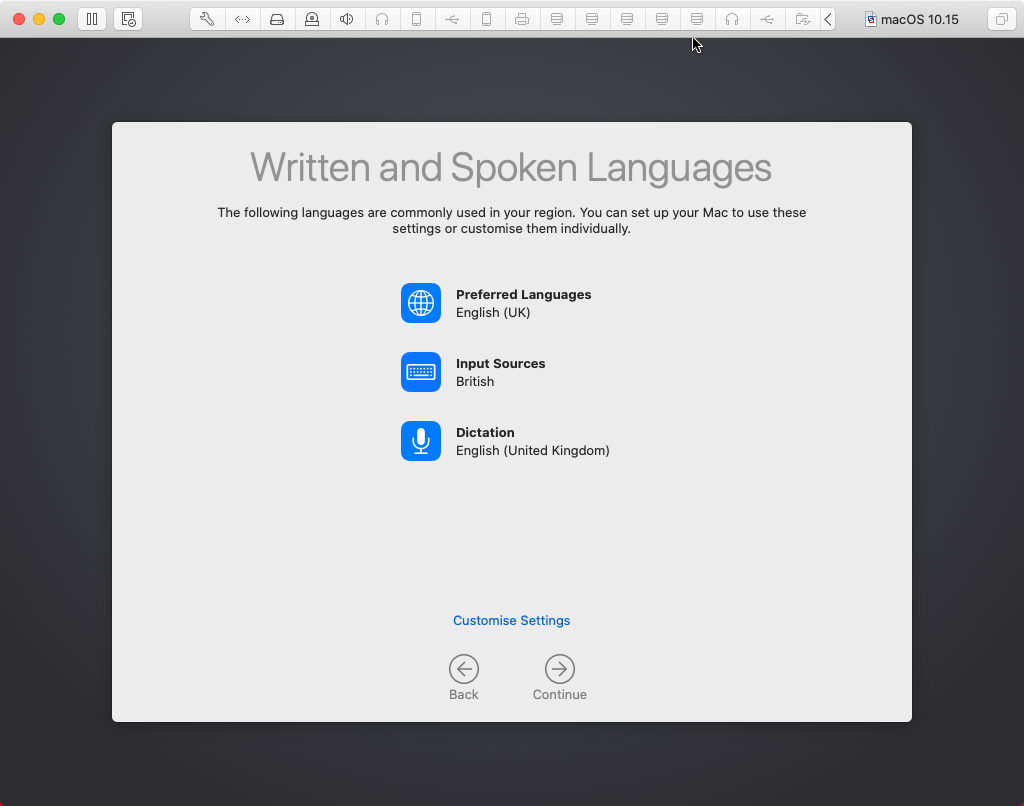 macOS languages setup screen