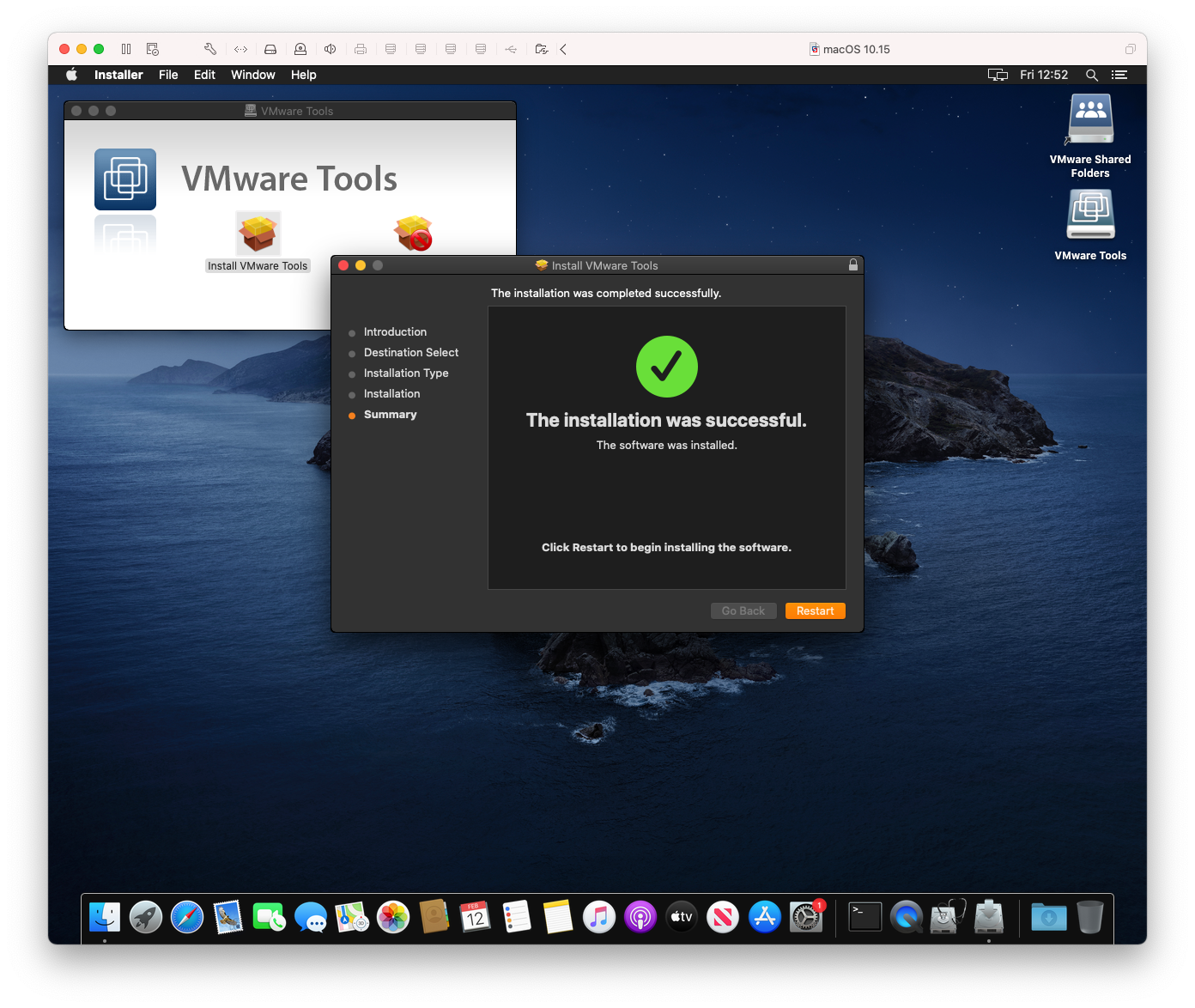 Screenshot of macOS Catalina VMware Tools Installation Success