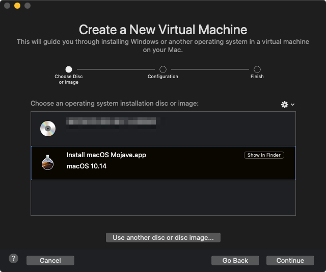 VMware Fusion new virtual machine screen
