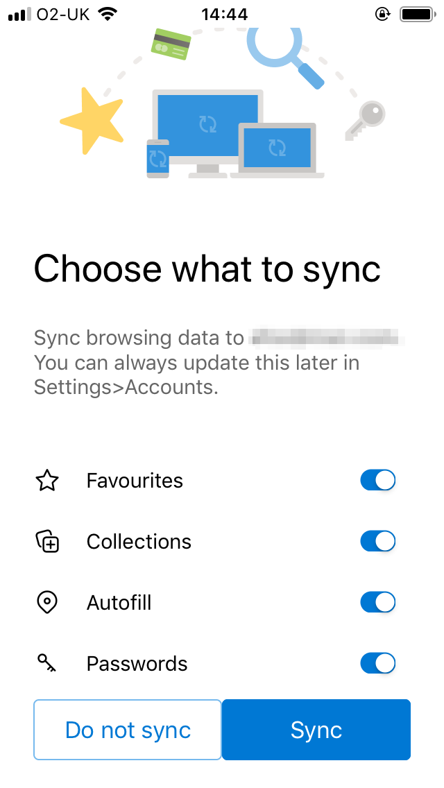 Microsoft Edge - Choose what to sync iOS App Screenshot