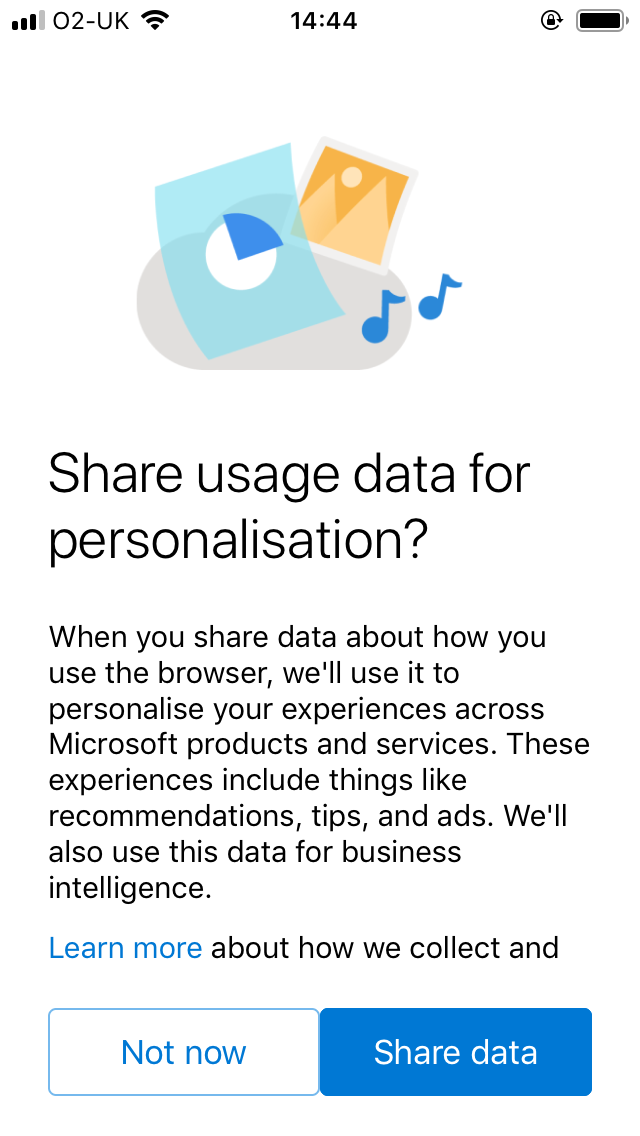 Microsoft Edge - Share usage data for personalisation - iOS App Screenshot