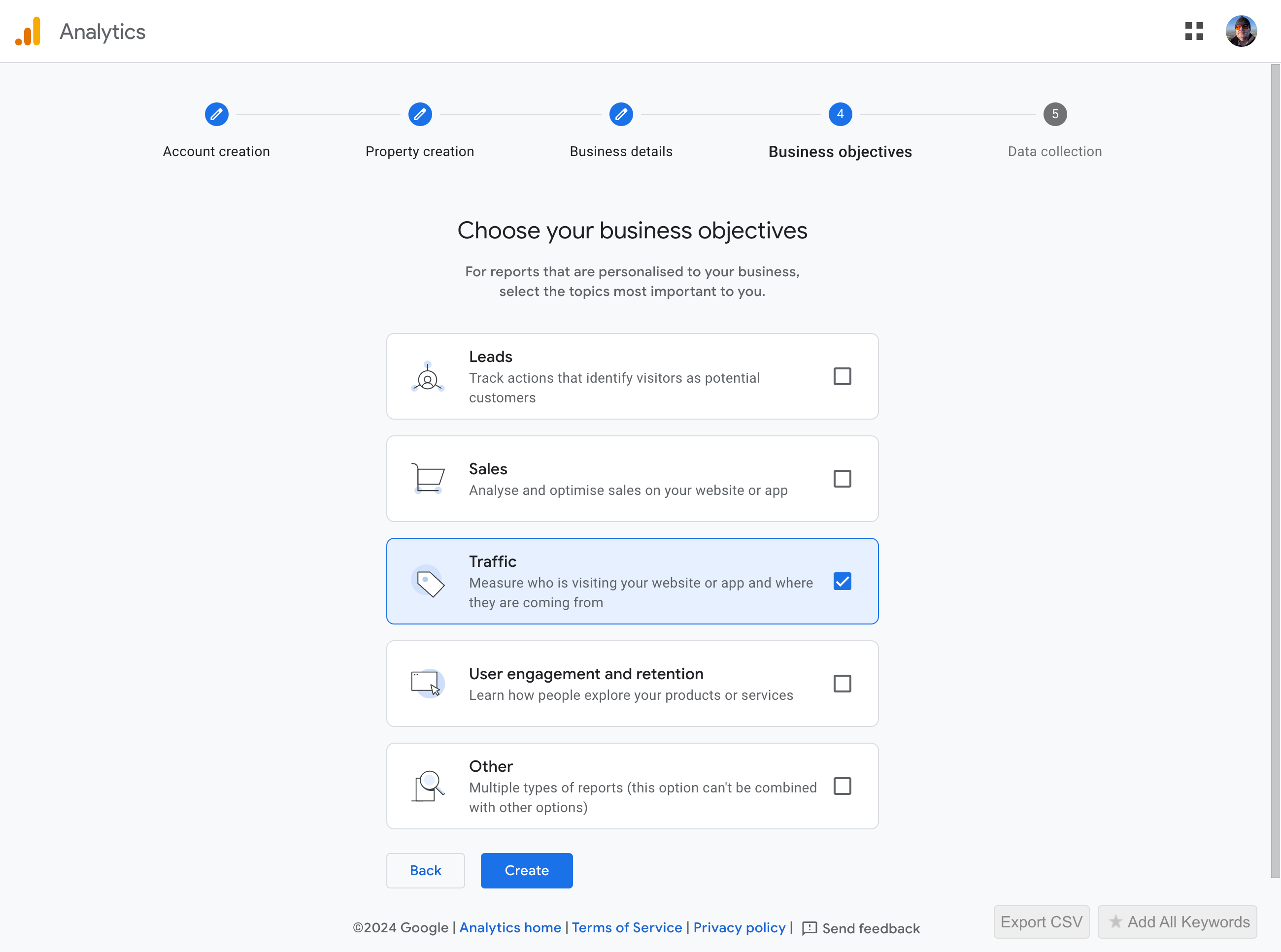 Google Analytics can prioritise reports that are personalised to your business, select the topics most important to you. (screenshot)