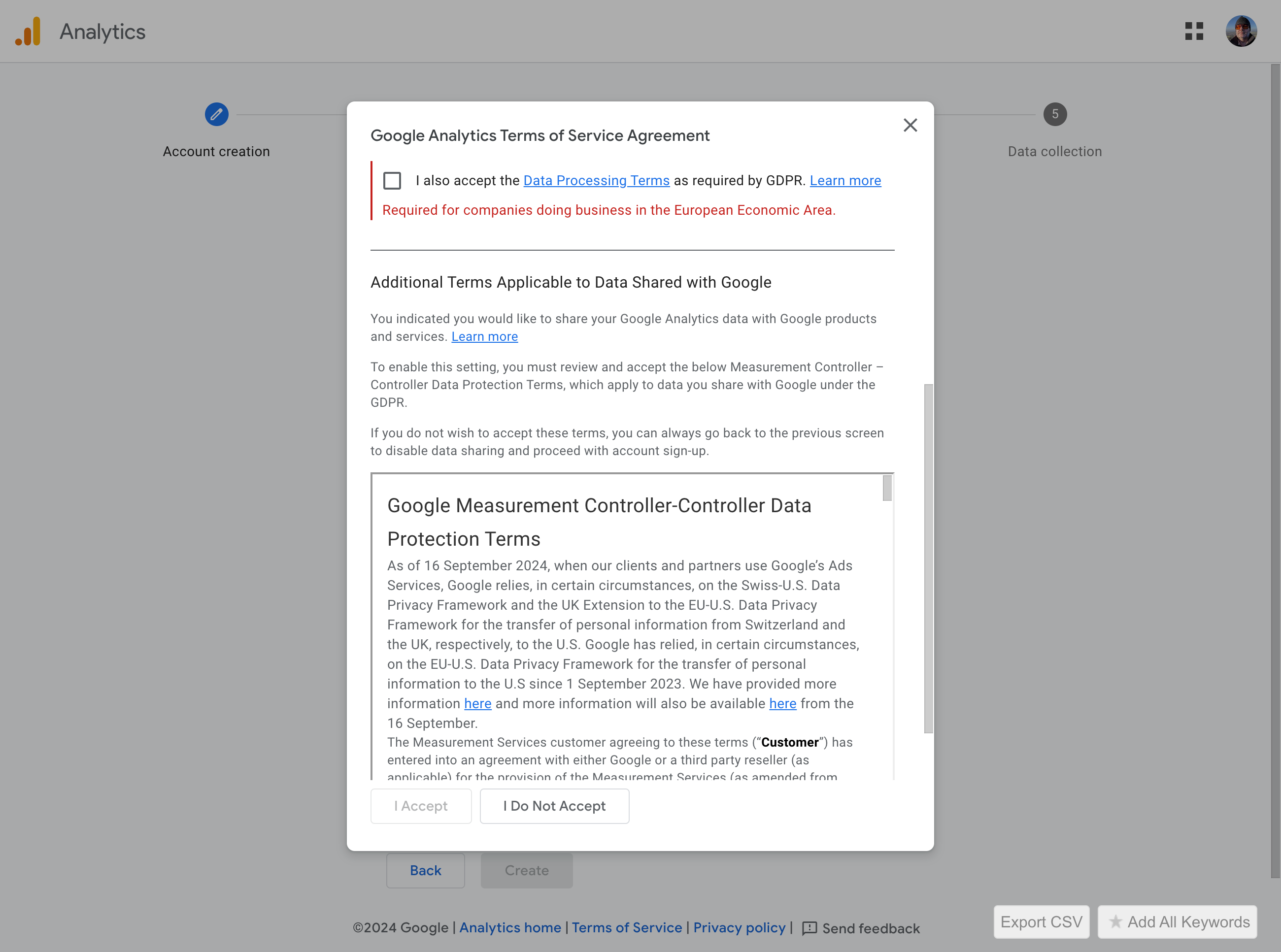 Google Analytics terms of use (screenshot)