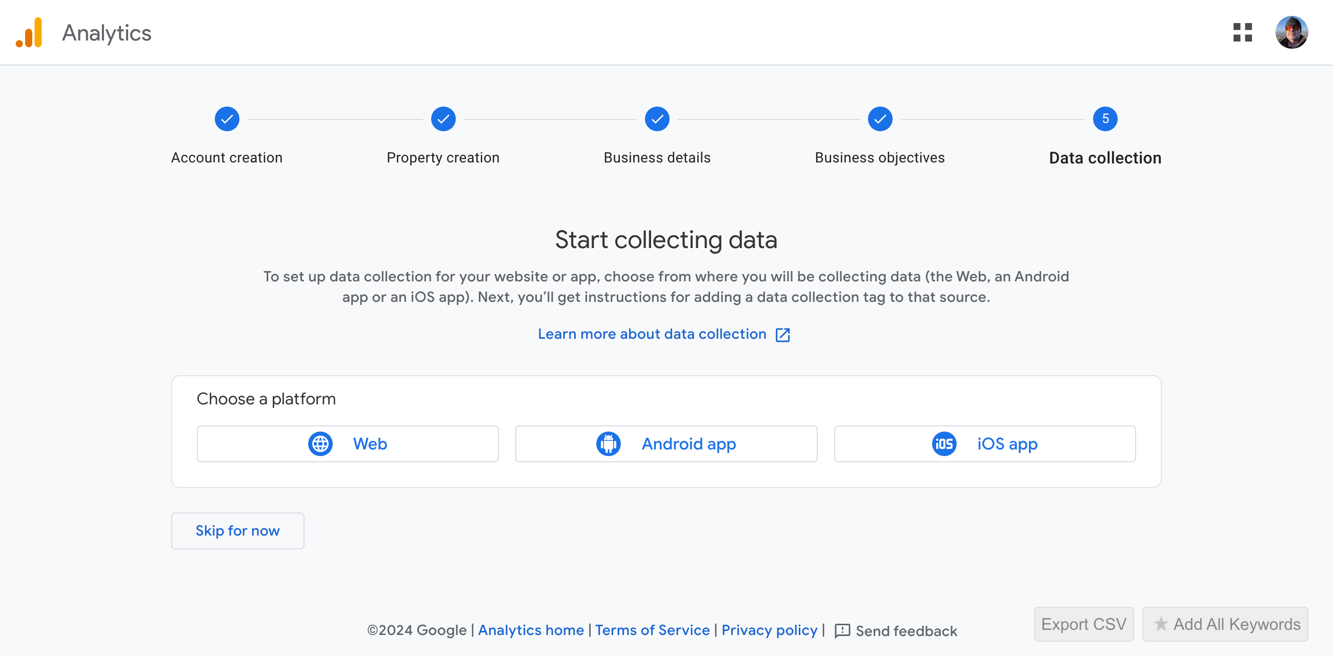 Start collecting data in Google Analytics (screenshot)