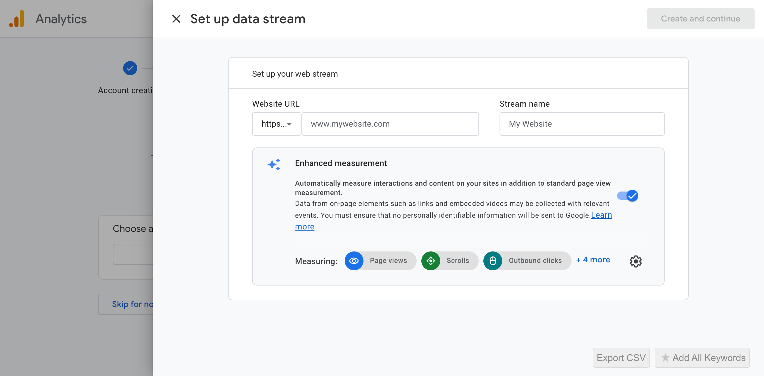 Set up data stream in Google Analytics (screenshot)