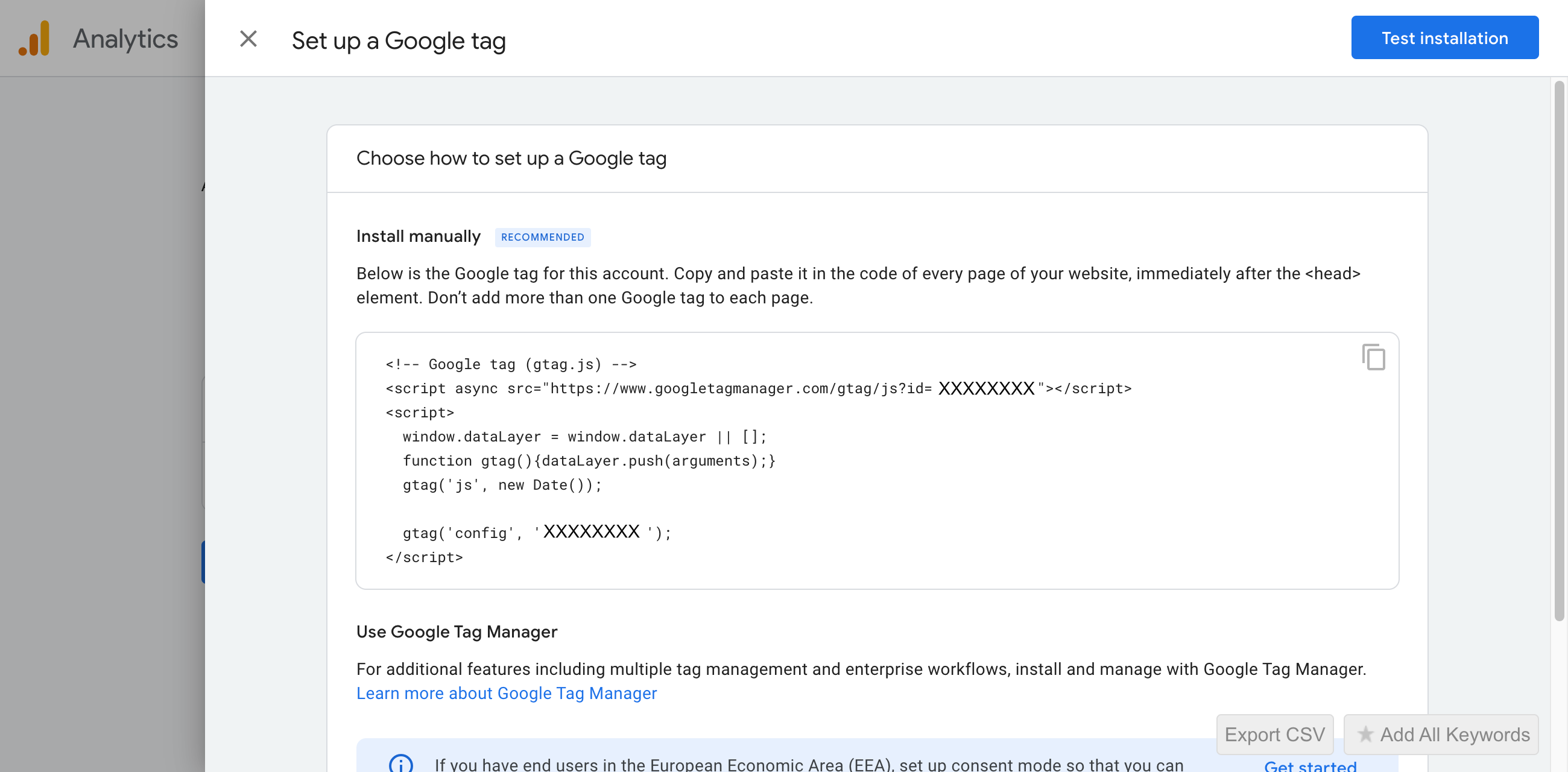 Set up a Google tag (screenshot)