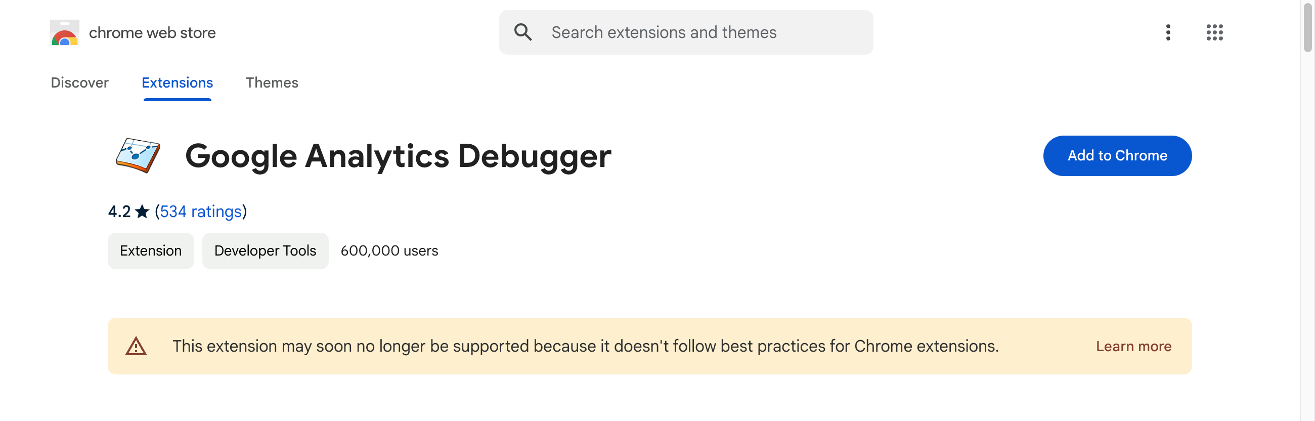 Google Analytics Debugger "doesn't follow best practices for Chrome extensions" (Screenshot)