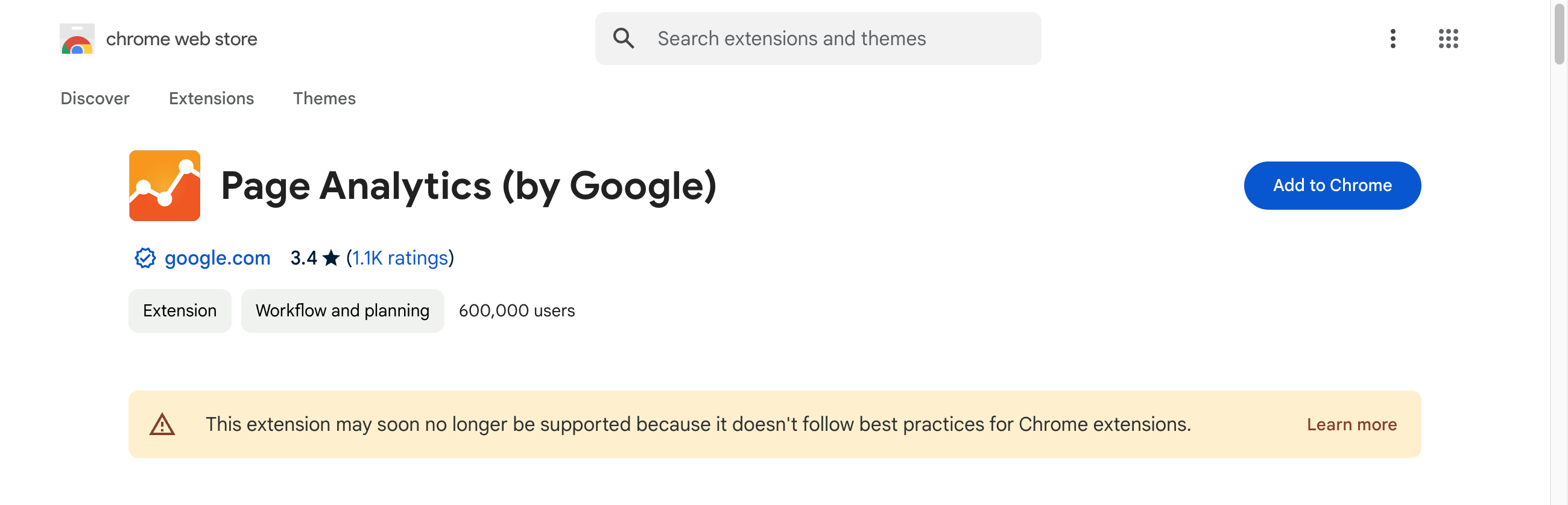 Page Analytics (by Google) "doesn't follow best practices for Chrome extensions" (Screenshot)