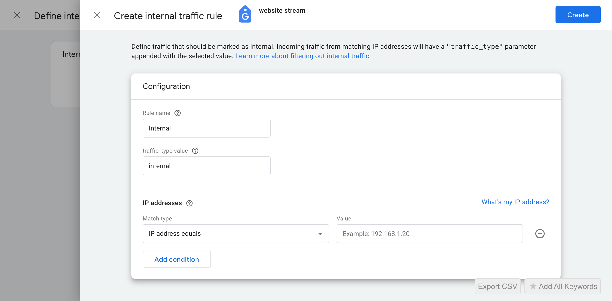 Create internal traffic rule for Google Analytice (screenshot)